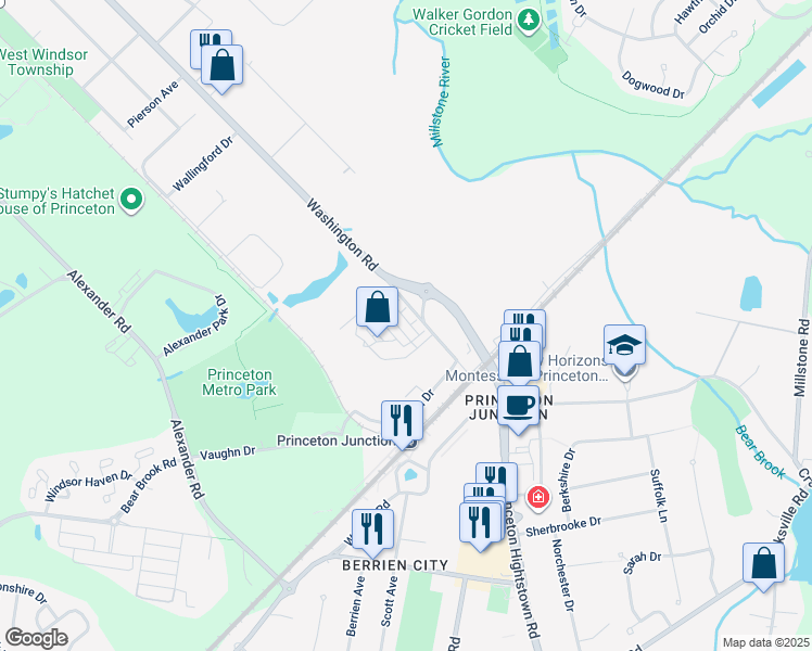map of restaurants, bars, coffee shops, grocery stores, and more near 2 Princeton Hightstown Road in West Windsor Township