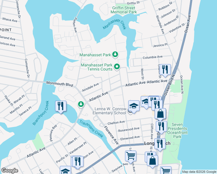 map of restaurants, bars, coffee shops, grocery stores, and more near 416 Narragansett Avenue in Long Branch