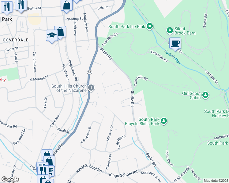 map of restaurants, bars, coffee shops, grocery stores, and more near 5560 Claytonia Drive in Bethel Park