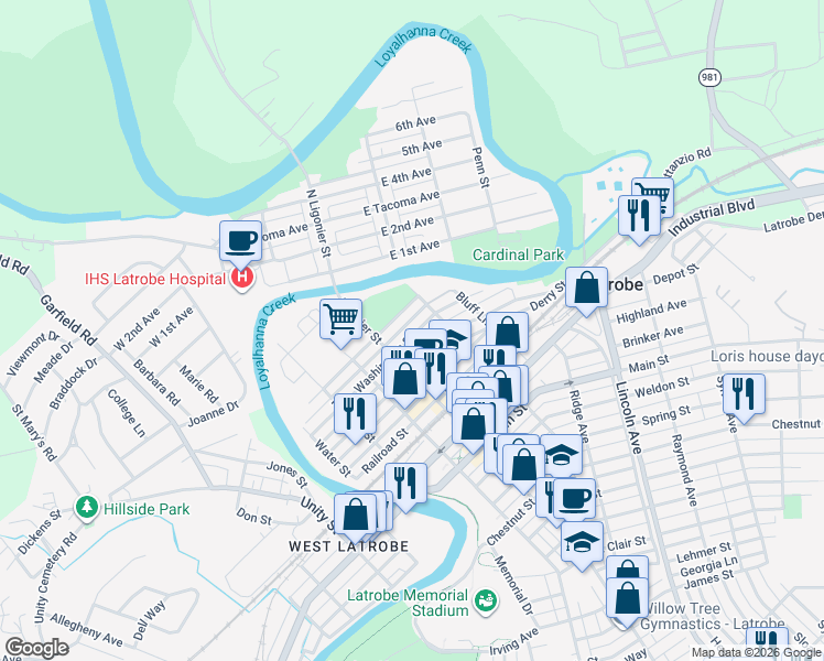 map of restaurants, bars, coffee shops, grocery stores, and more near 324 Washington Street in Latrobe