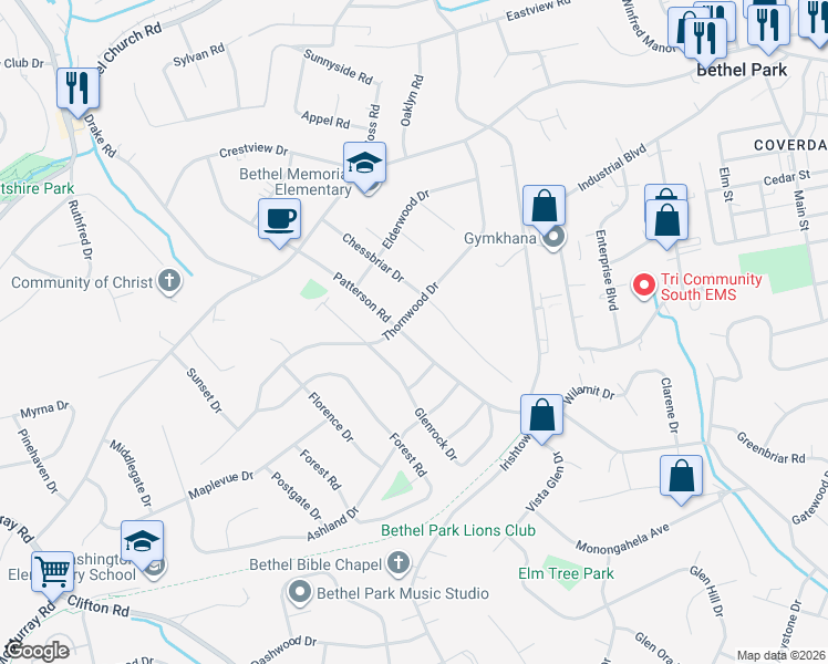 map of restaurants, bars, coffee shops, grocery stores, and more near 509 Patterson Road in Bethel Park