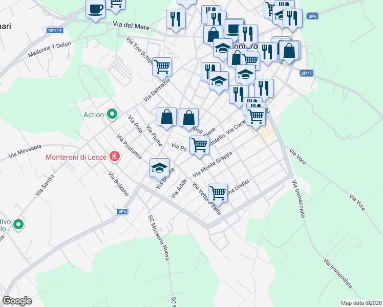 map of restaurants, bars, coffee shops, grocery stores, and more near 92 Via Montello in Monteroni di Lecce