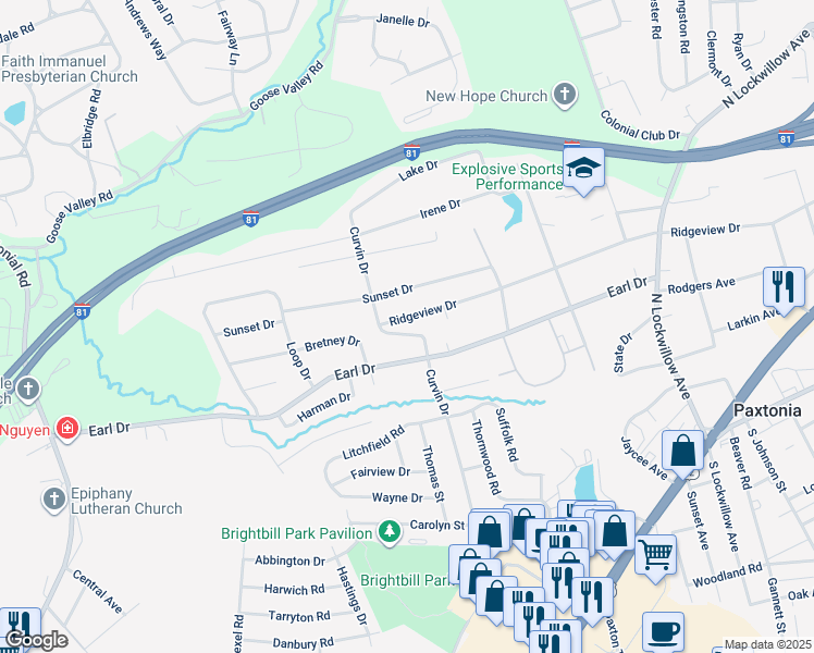 map of restaurants, bars, coffee shops, grocery stores, and more near 5105 Ridgeview Drive in Harrisburg