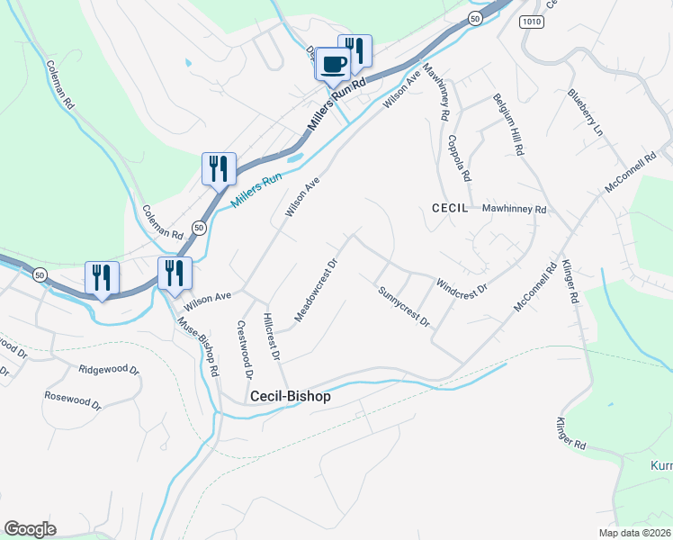 map of restaurants, bars, coffee shops, grocery stores, and more near 34 Meadowcrest Drive in Cecil-Bishop