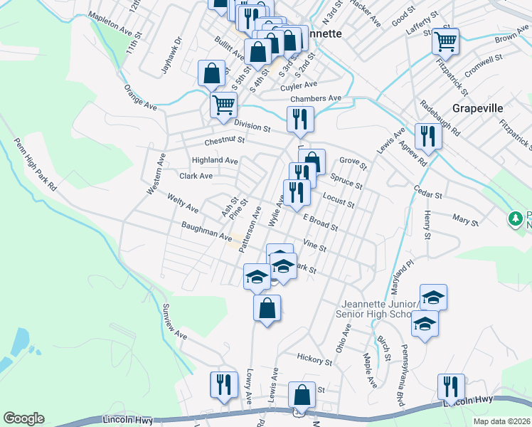 map of restaurants, bars, coffee shops, grocery stores, and more near 712 Solar Lane in Jeannette