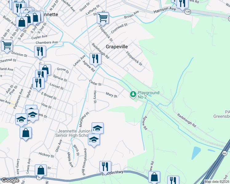 map of restaurants, bars, coffee shops, grocery stores, and more near 429 Cedar Street in Jeannette
