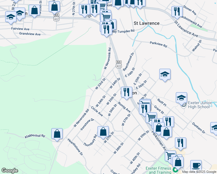 map of restaurants, bars, coffee shops, grocery stores, and more near 26 West 34th Street in Reading