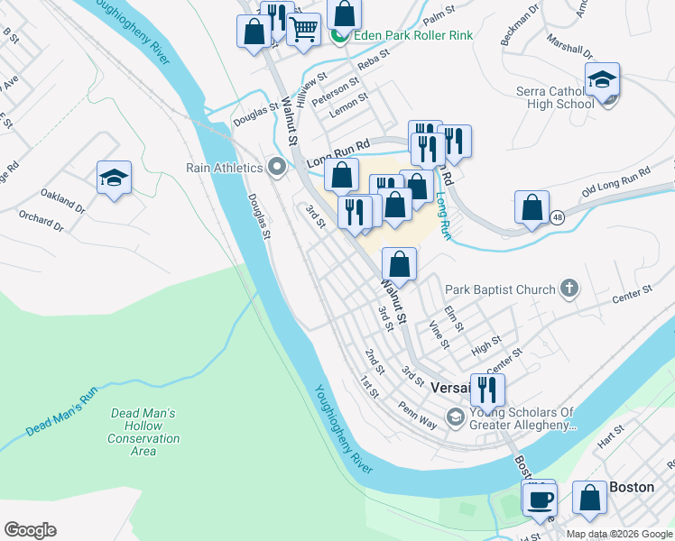 map of restaurants, bars, coffee shops, grocery stores, and more near 4324 Birch Alley in McKeesport