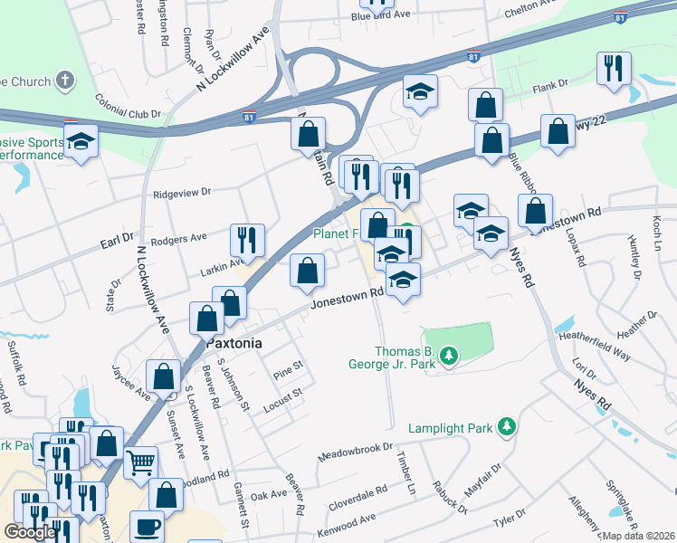 map of restaurants, bars, coffee shops, grocery stores, and more near 117 Lincoln Place in Harrisburg