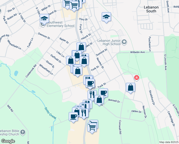 map of restaurants, bars, coffee shops, grocery stores, and more near 1301 Quentin Road in Lebanon