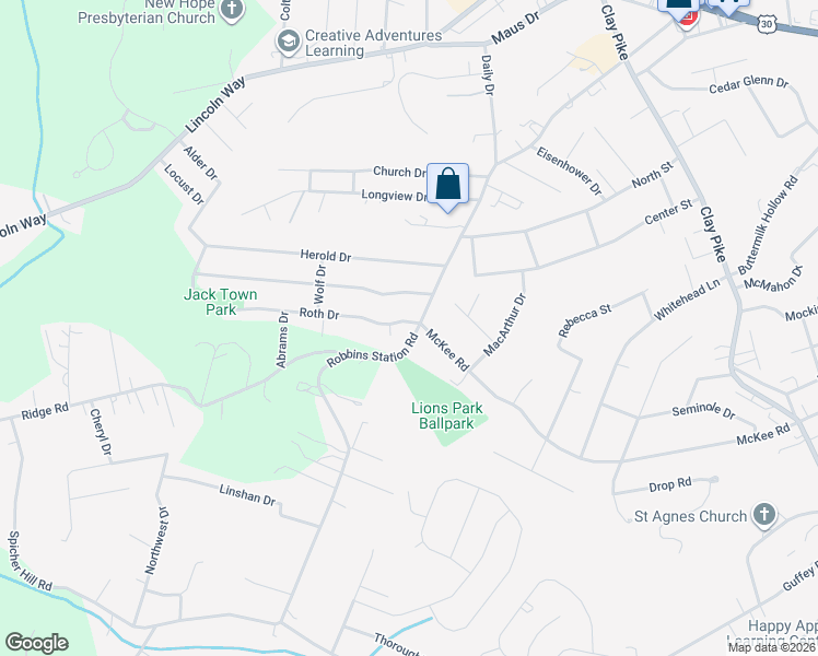 map of restaurants, bars, coffee shops, grocery stores, and more near 12190 Roth Drive in North Huntingdon