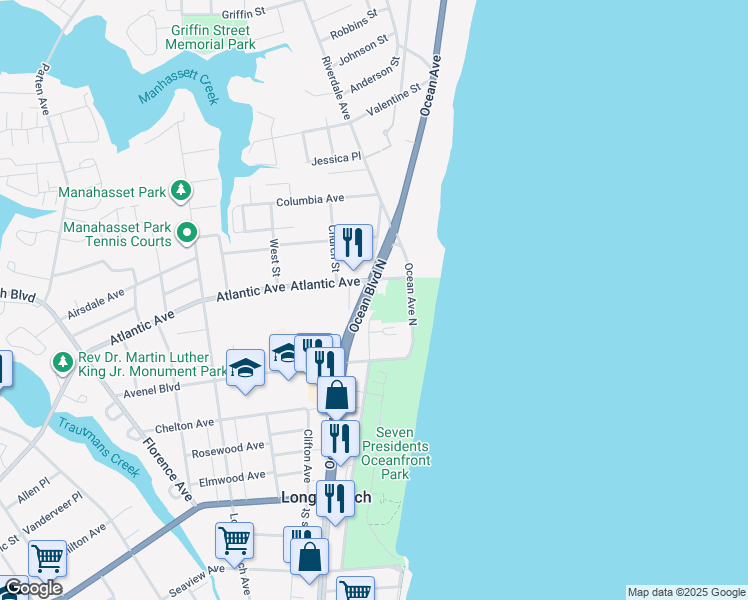 map of restaurants, bars, coffee shops, grocery stores, and more near 465 Ocean Boulevard North in Long Branch