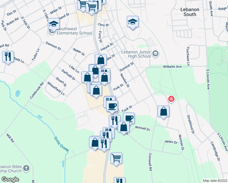 map of restaurants, bars, coffee shops, grocery stores, and more near 980 York Street in Lebanon