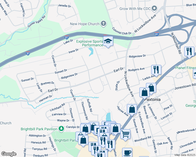 map of restaurants, bars, coffee shops, grocery stores, and more near 134 Joya Circle in Paxtonia
