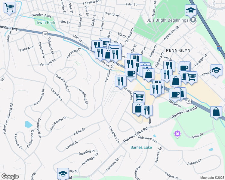 map of restaurants, bars, coffee shops, grocery stores, and more near 140 Cascade Avenue in Irwin
