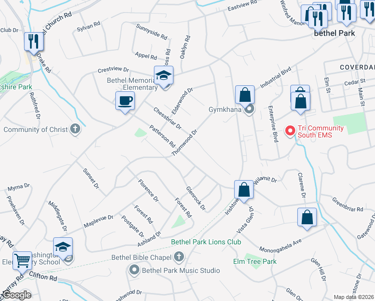 map of restaurants, bars, coffee shops, grocery stores, and more near 509 Patterson Road in Bethel Park