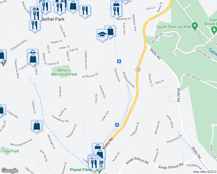 map of restaurants, bars, coffee shops, grocery stores, and more near 5536 Clark Ave in Bethel Park