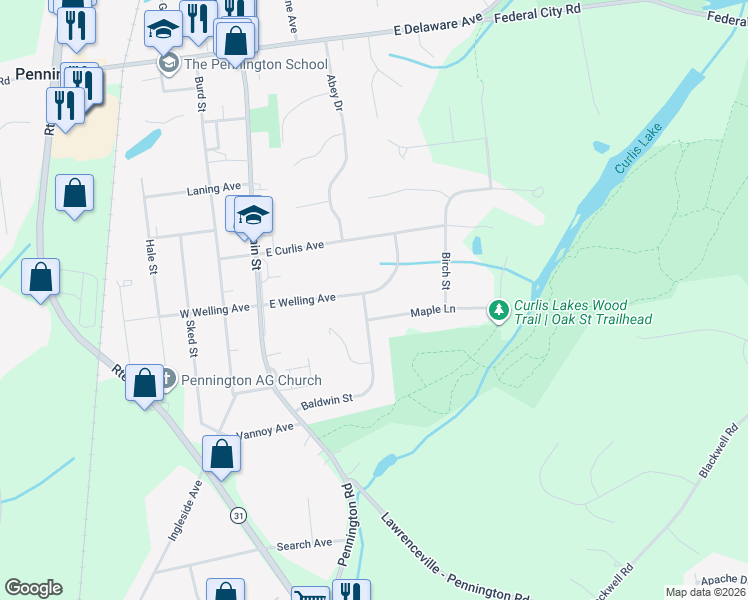 map of restaurants, bars, coffee shops, grocery stores, and more near 36 East Welling Avenue in Pennington