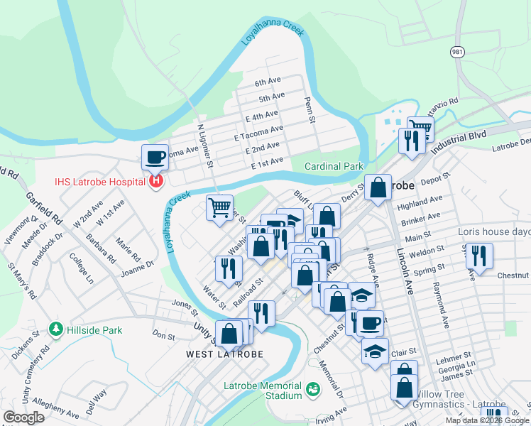 map of restaurants, bars, coffee shops, grocery stores, and more near 324 Washington Street in Latrobe