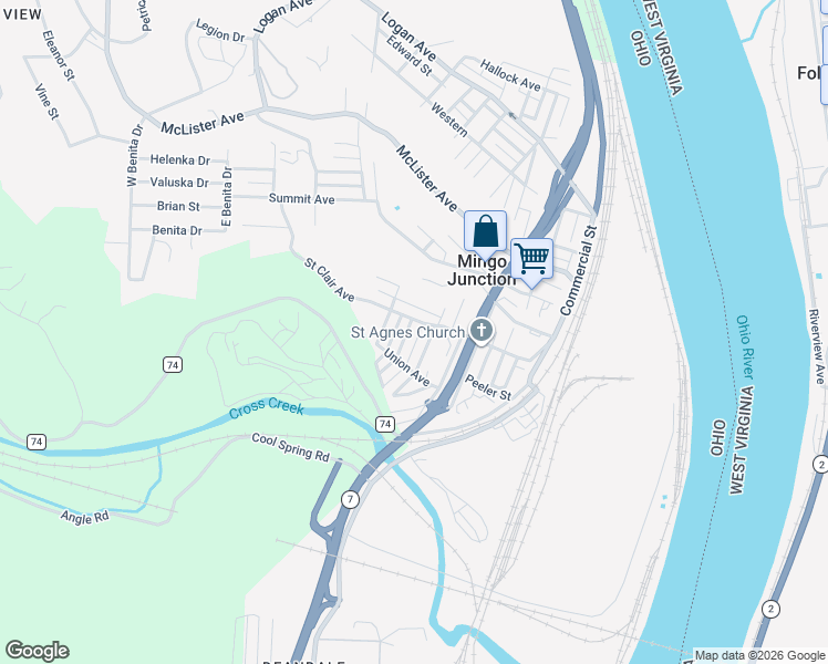 map of restaurants, bars, coffee shops, grocery stores, and more near 109 Garfield Avenue in Mingo Junction