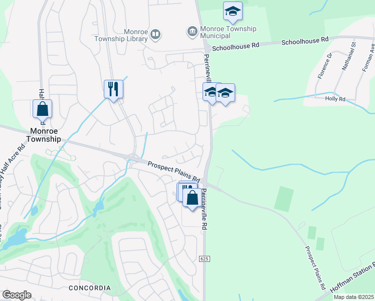 map of restaurants, bars, coffee shops, grocery stores, and more near 5B Chadwick Lane in Monroe Township
