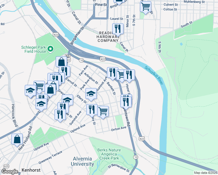map of restaurants, bars, coffee shops, grocery stores, and more near 265 Arlington Street in Reading