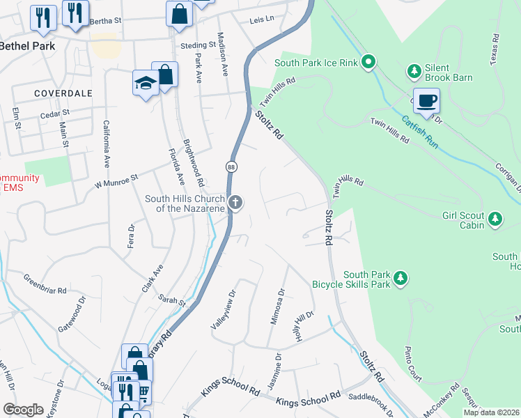 map of restaurants, bars, coffee shops, grocery stores, and more near 5566 Beverly Court in Bethel Park
