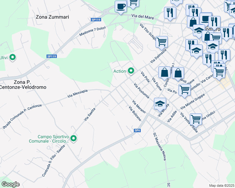 map of restaurants, bars, coffee shops, grocery stores, and more near 101 Via Bolzano in Monteroni di Lecce