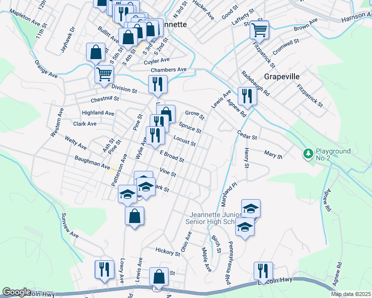 map of restaurants, bars, coffee shops, grocery stores, and more near 604 Michigan Ave in Jeannette