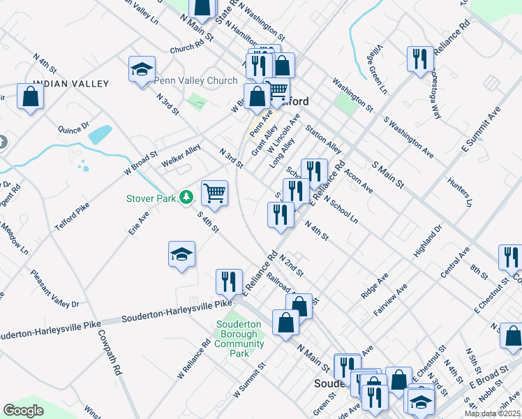 map of restaurants, bars, coffee shops, grocery stores, and more near 312 West Hamlin Avenue in Telford