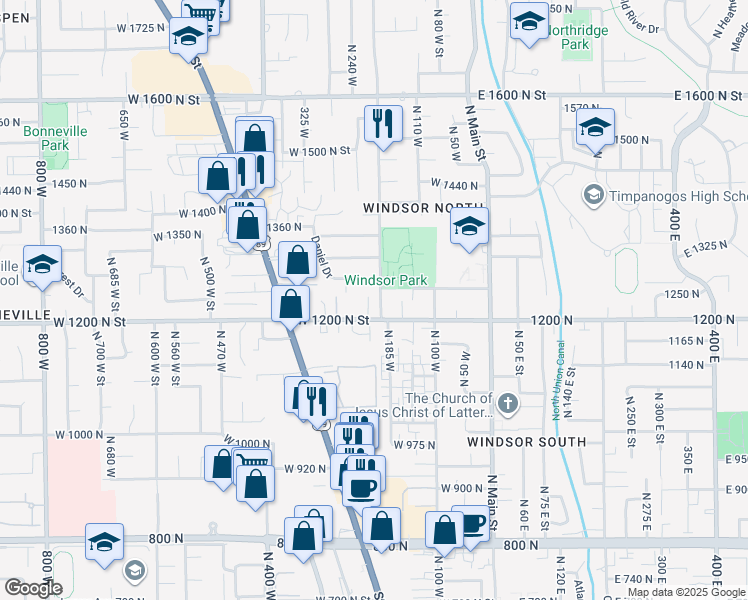 map of restaurants, bars, coffee shops, grocery stores, and more near 1200 North 200 West in Orem