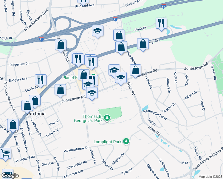 map of restaurants, bars, coffee shops, grocery stores, and more near 6115 Jonestown Rd in Harrisburg