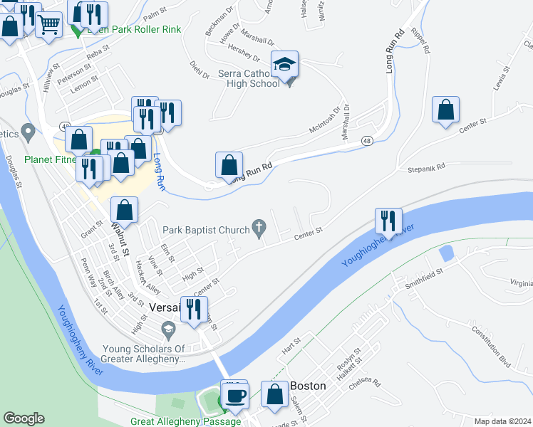 map of restaurants, bars, coffee shops, grocery stores, and more near 130 Harphen Street in McKeesport
