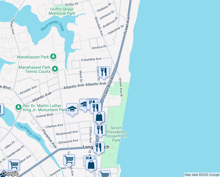 map of restaurants, bars, coffee shops, grocery stores, and more near 465 Ocean Boulevard North in Long Branch