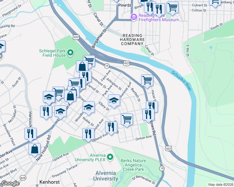 map of restaurants, bars, coffee shops, grocery stores, and more near 231 Crestmont St in Reading