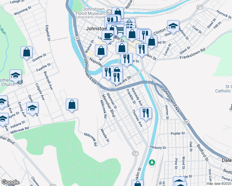 map of restaurants, bars, coffee shops, grocery stores, and more near 518 Napoleon Street in Johnstown