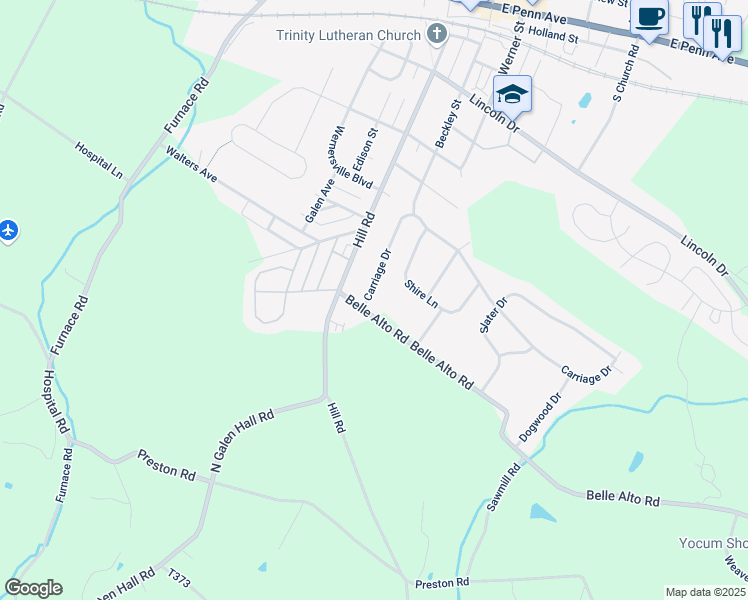 map of restaurants, bars, coffee shops, grocery stores, and more near 3 Carriage Drive in Wernersville