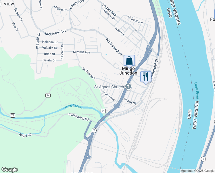 map of restaurants, bars, coffee shops, grocery stores, and more near 109 Garfield Avenue in Mingo Junction