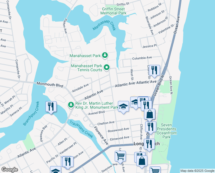 map of restaurants, bars, coffee shops, grocery stores, and more near 135 Atlantic Avenue in Long Branch
