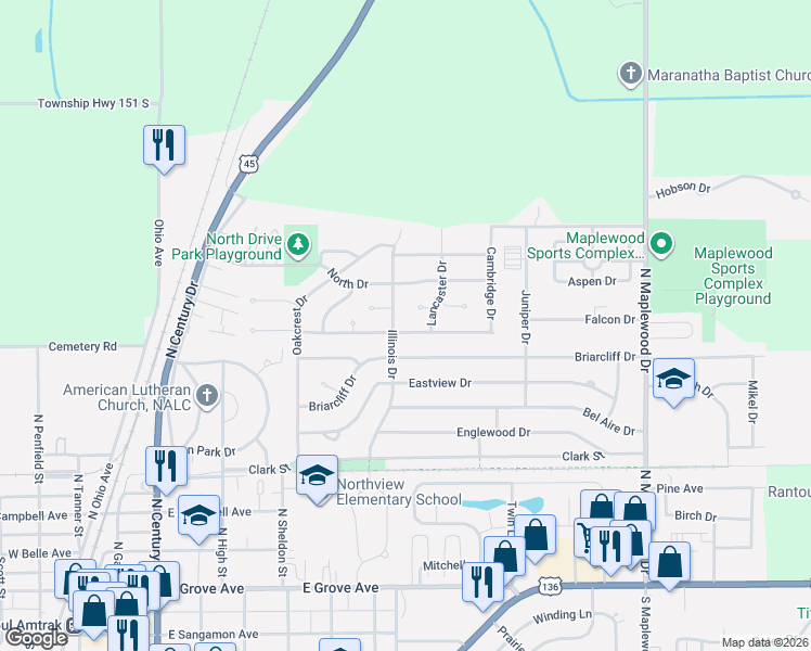 map of restaurants, bars, coffee shops, grocery stores, and more near 1007 Pinecrest Drive in Rantoul