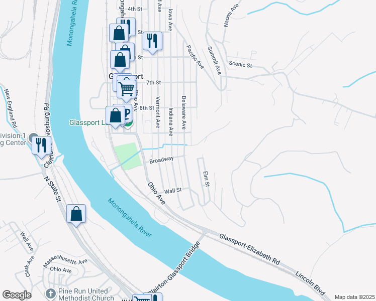 map of restaurants, bars, coffee shops, grocery stores, and more near 933 Delaware Ave in Glassport