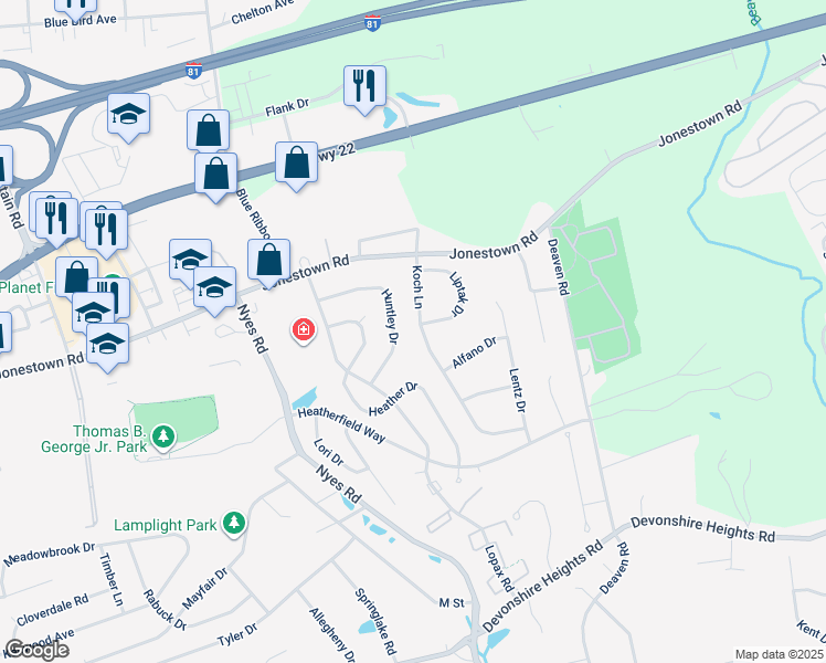 map of restaurants, bars, coffee shops, grocery stores, and more near 11600 Koch Ln in Harrisburg