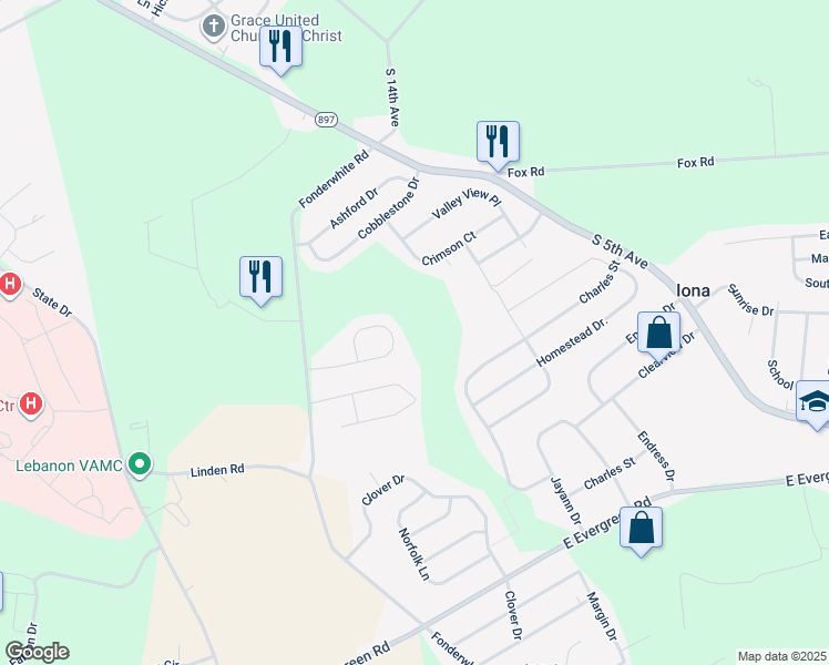 map of restaurants, bars, coffee shops, grocery stores, and more near 140 Linda Way in Lebanon
