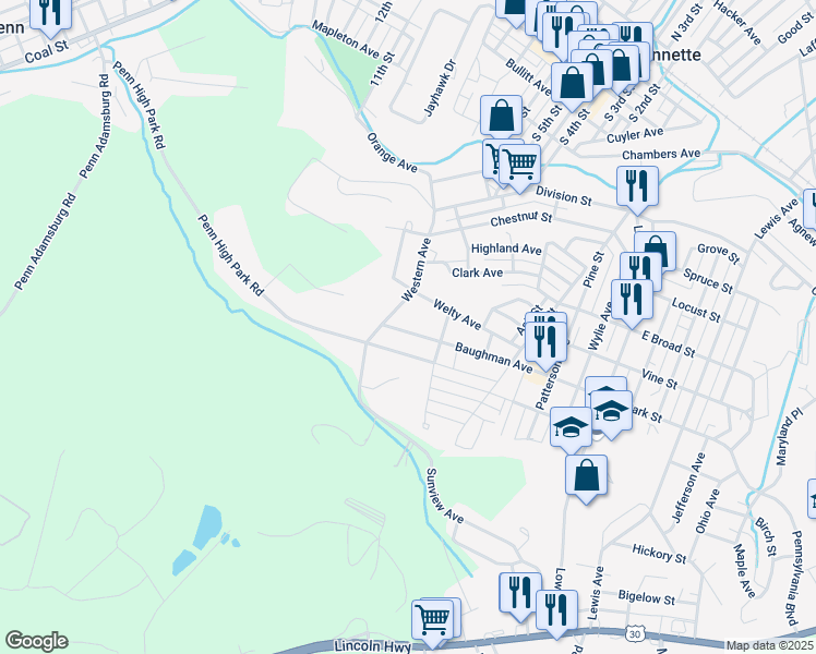 map of restaurants, bars, coffee shops, grocery stores, and more near 811 Baughman Avenue in Jeannette