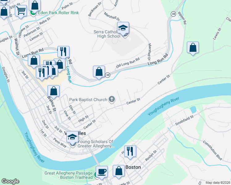 map of restaurants, bars, coffee shops, grocery stores, and more near 130 Harphen Street in McKeesport