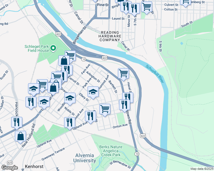 map of restaurants, bars, coffee shops, grocery stores, and more near 265 Arlington Street in Reading