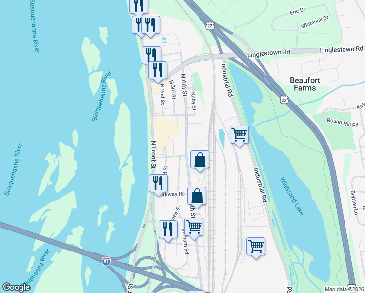 map of restaurants, bars, coffee shops, grocery stores, and more near 4106 N 6th St in Harrisburg