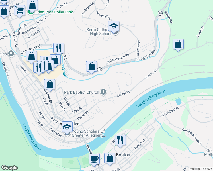 map of restaurants, bars, coffee shops, grocery stores, and more near 130 Harphen Street in McKeesport
