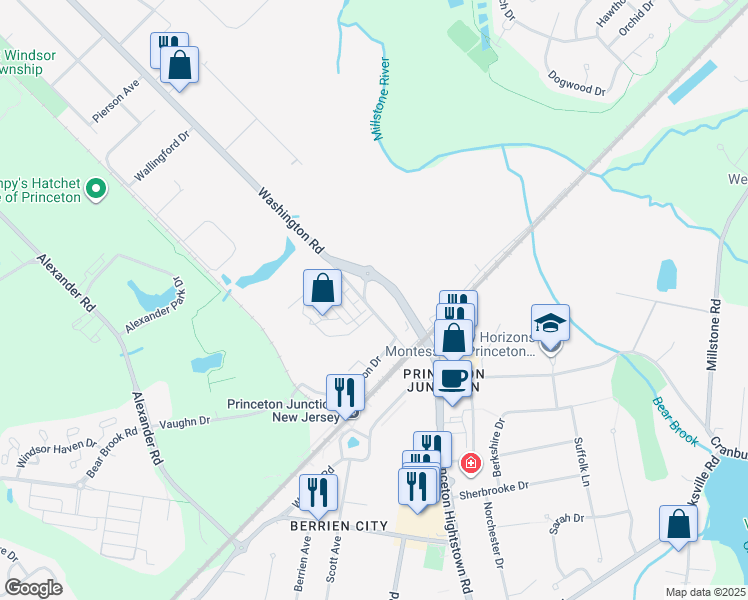 map of restaurants, bars, coffee shops, grocery stores, and more near 2 Princeton Hightstown Road in West Windsor Township