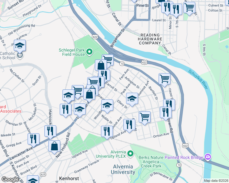 map of restaurants, bars, coffee shops, grocery stores, and more near 108 Carroll Street in Reading